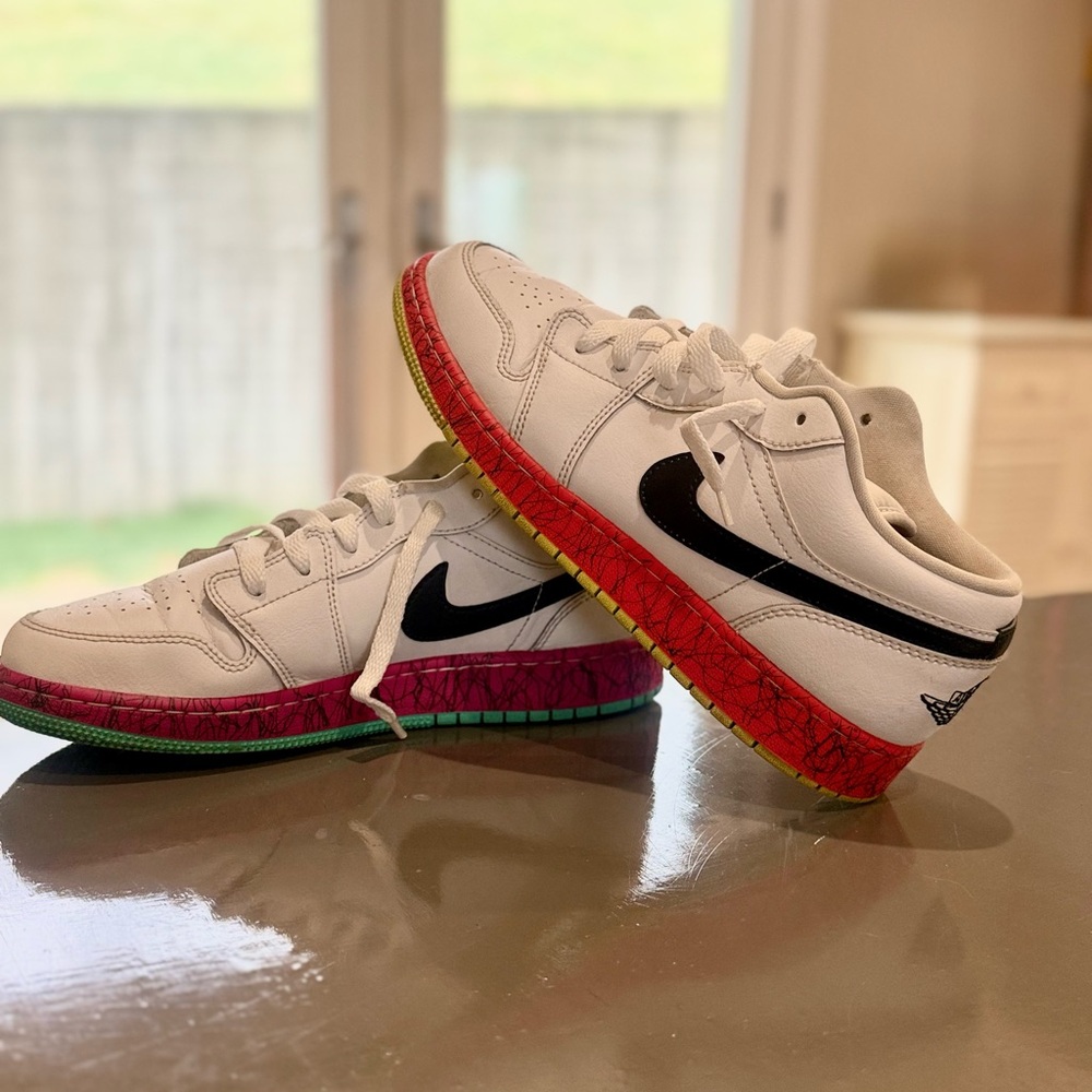 Nike Air Jordan 1 Colorful Size 7Y Low-Top Sneakers with Black Swoosh.